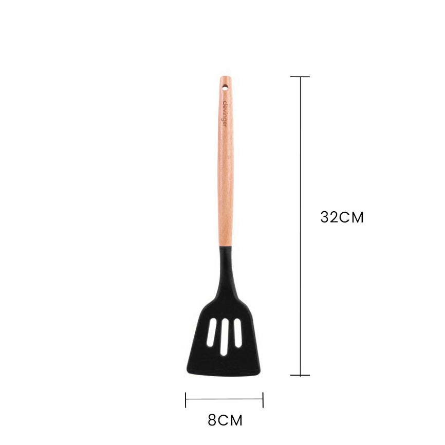 Beechwood & Silicone Kitchen Cooking Utensils Set - Turner/Spoon/Slotted Turner  - Charcoal