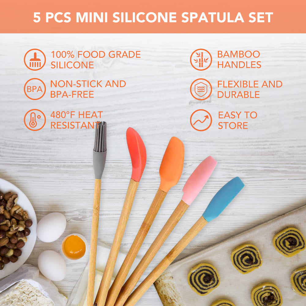 5pc Mini Silicone and Bamboo Utensils Set Nonstick Cookware