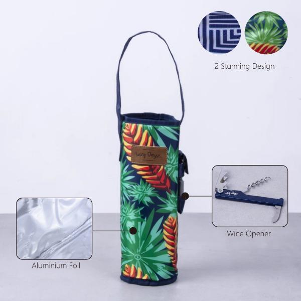 Insulated Wine Cooler Bottle Strap Tote with Wine Opener - Makena/Mossman